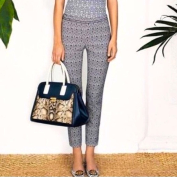 Tory Burch  Heidi Jacquard Print Navy&White Stretch  Slim Fit Pants Size 6 - Picture 2 of 14
